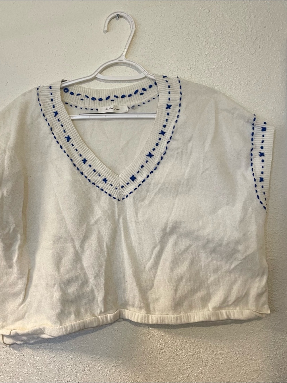 Mustard Seed White V-Neck Knit Crop Top with Blue Embroidery